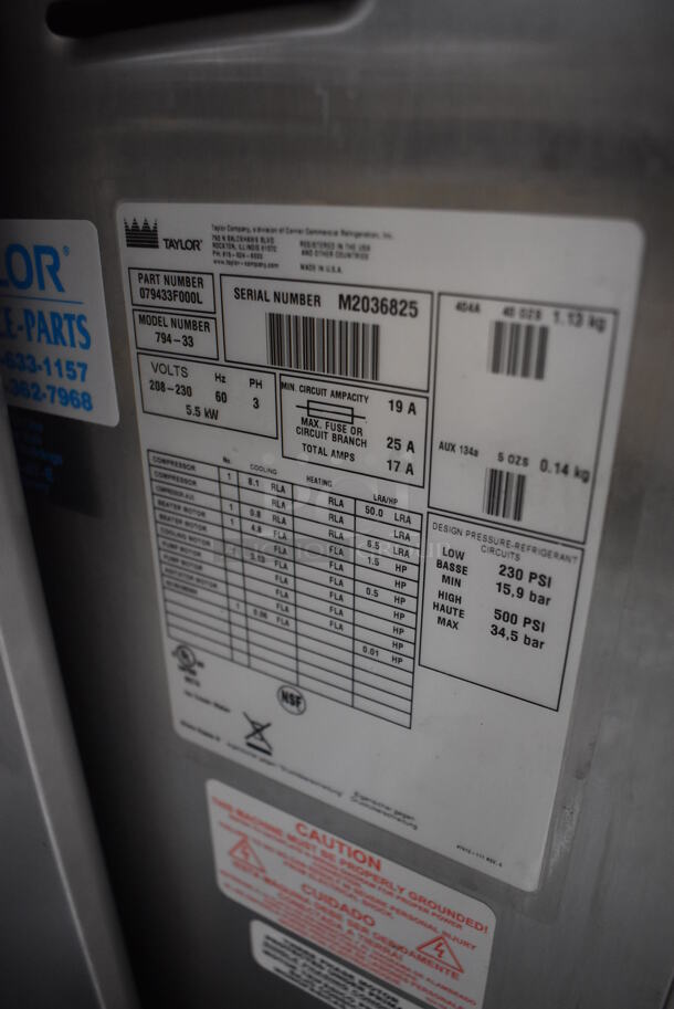 2012 Taylor 794-33 Stainless Steel Commercial Floor Style Air Cooled 2 Flavor w/ Twist Soft Serve Ice Cream Machine on Commercial Casters. 208-230 Volts, 3 Phase. 20x34x60 - Image 4 of 7