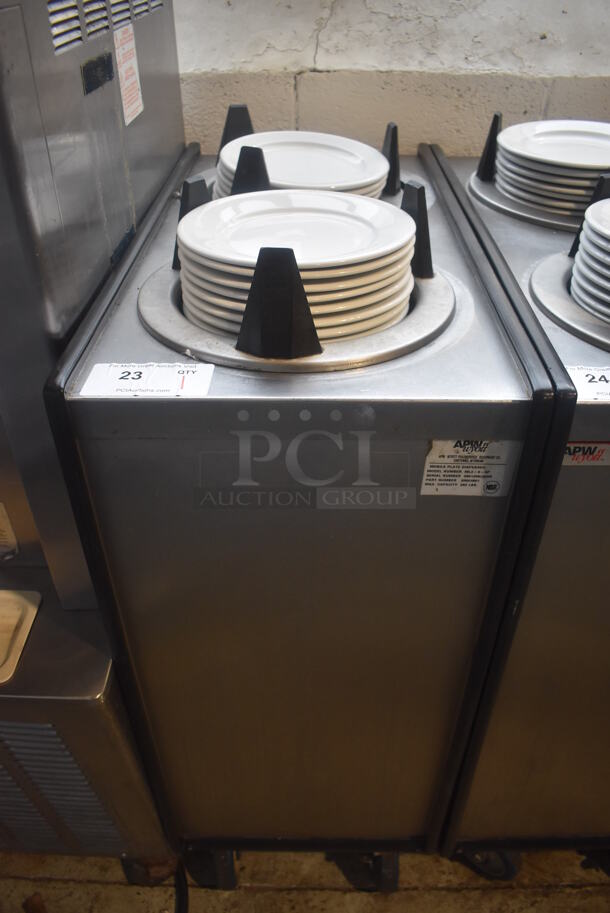 APW Wyott ML2-9-5P Stainless Steel Commercial 2 Well Plate Dispenser w/ Plates on Commercial Casters. 15.5x30.5x41