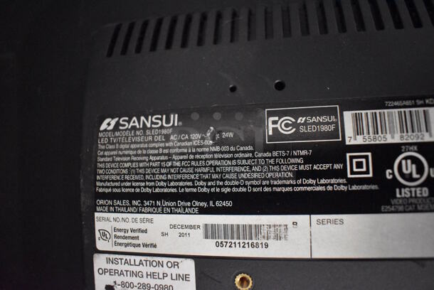 Sansui SLED1980F 19" LED TV Monitor. 120 Volts, 1 Phase - Image 3 of 4