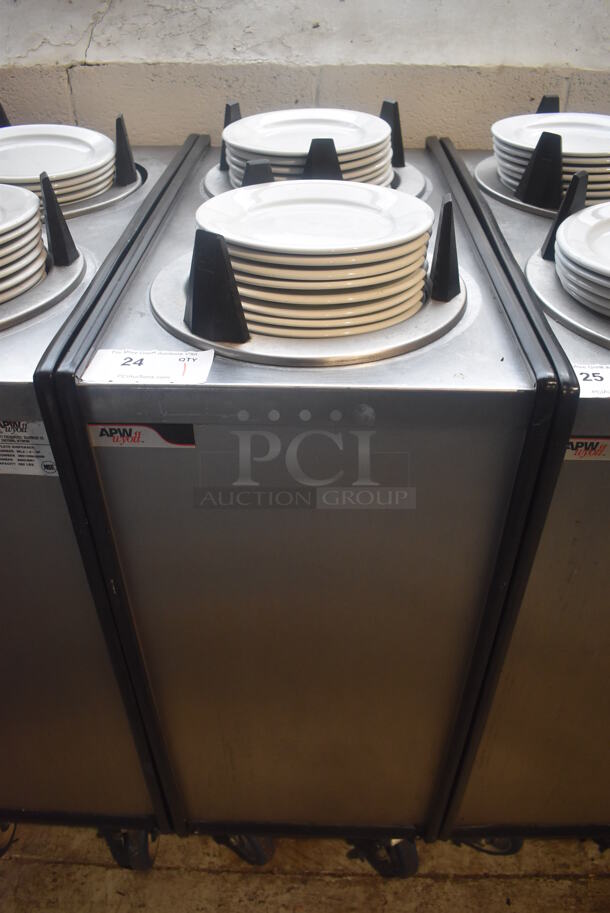 APW Wyott ML2-9-5P Stainless Steel Commercial 2 Well Plate Dispenser w/ Plates on Commercial Casters. 15.5x30.5x41