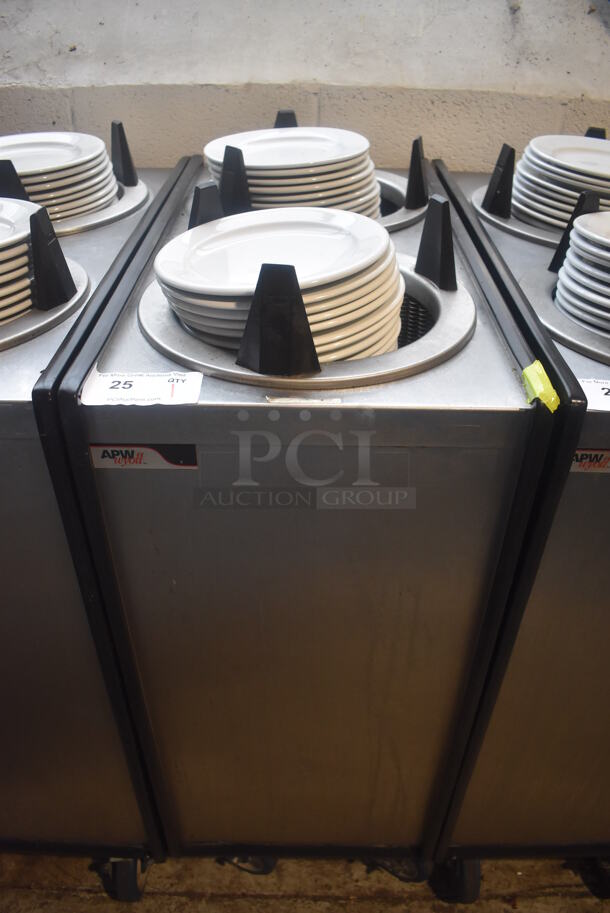 APW Wyott ML2-10 Stainless Steel Commercial 2 Well Plate Dispenser w/ Plates on Commercial Casters. 15.5x30.5x41