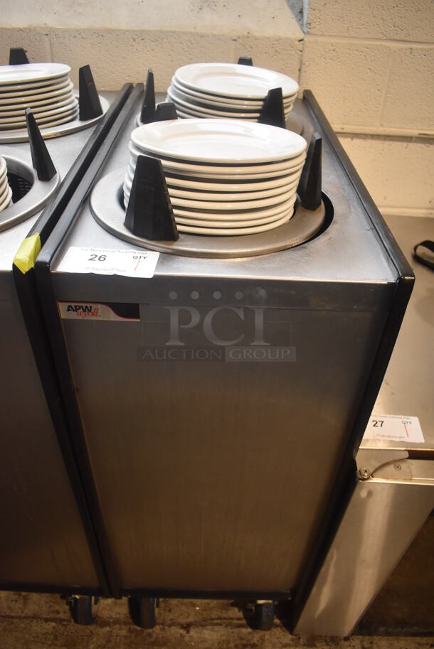 APW Wyott ML2-9-5P Stainless Steel Commercial 2 Well Plate Dispenser w/ Plates on Commercial Casters. 15.5x30.5x41