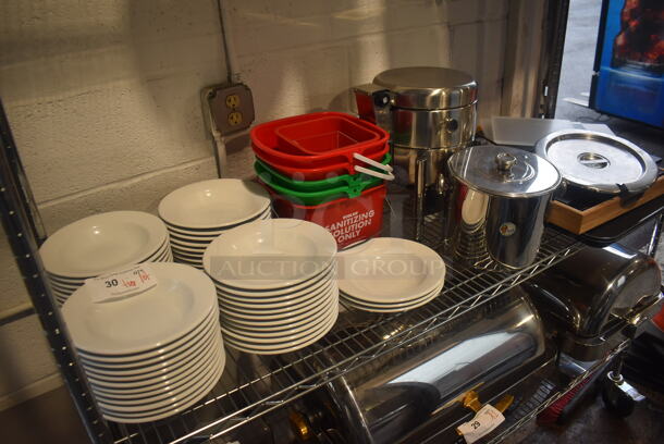 ALL ONE MONEY! Tier Lot of Various Items Including 51 White Ceramic Pasta Plates, Poly Buckets and Metal Pieces