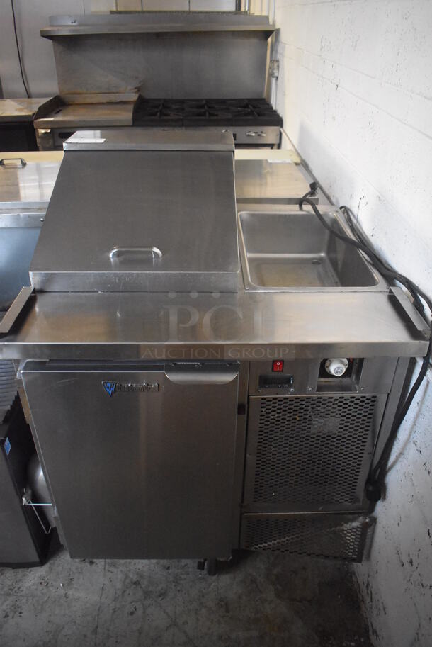 CustomCool Stainless Steel Commercial Sandwich Salad Prep Table Bain Marie Mega Top on Commercial Casters. Missing 1 Caster. 34x33x47. Tested and Powers On But Temps at 48 Degrees