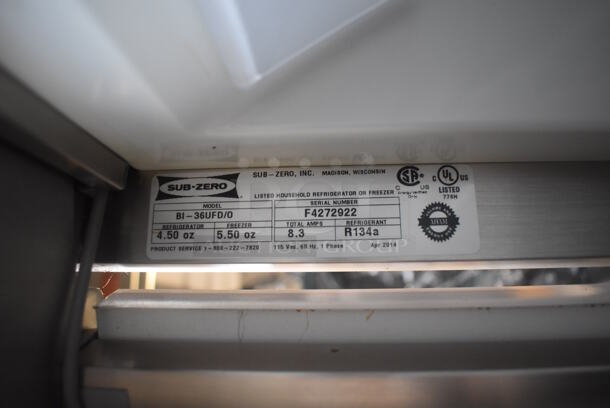 Sub-zero BI-36UFD/0 Metal French Style Door Cooler Freezer Combo Unit. 115 Volts, 1 Phase. 37x28x83. Tested and Working! - Image 5 of 6