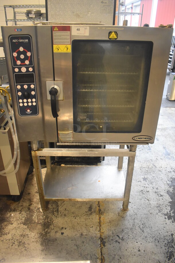 2012 Alto Shaam 10.10 ES Stainless Steel Commercial Natural Gas Powered Convection Oven w/ View Through Door on Metal Equipment Stand w/ Commercial Casters. 208-240 Volts, 3 Phase. 44x32x67.5