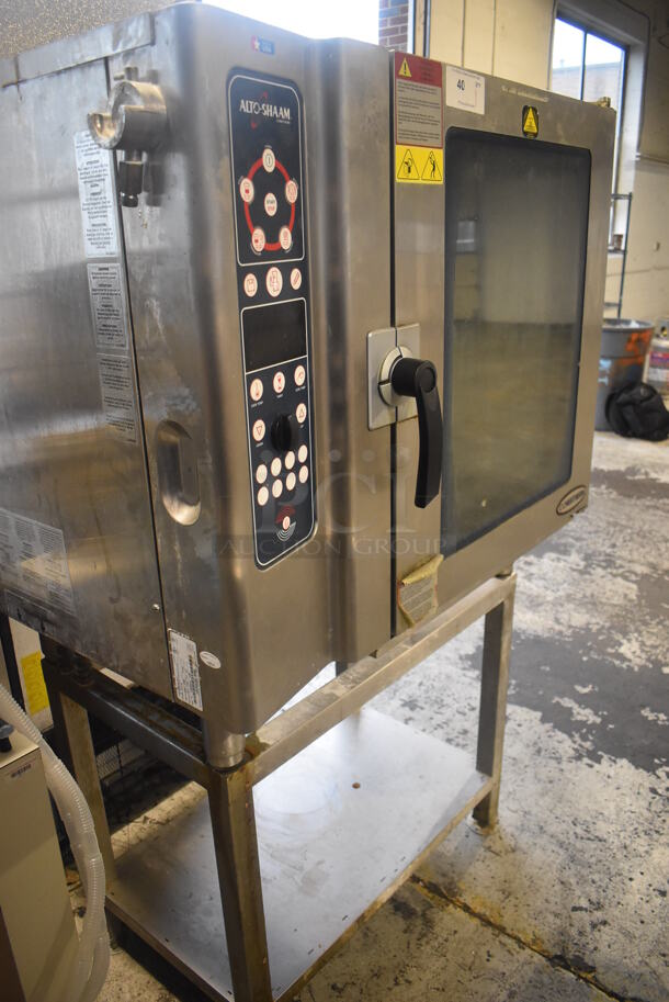 2012 Alto Shaam 10.10 ES Stainless Steel Commercial Natural Gas Powered Convection Oven w/ View Through Door on Metal Equipment Stand w/ Commercial Casters. 208-240 Volts, 3 Phase. 44x32x67.5 - Image 7 of 9