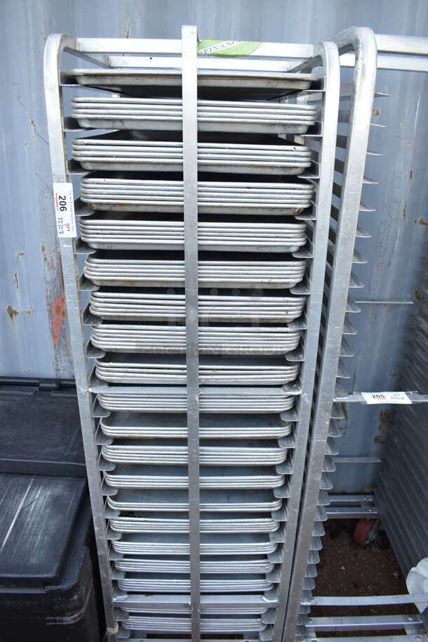 Metal Commercial Pan Transport Rack w/ 88 Full Size Metal Baking Pans on Commercial Casters. 20.5x26x70. 18x26x1