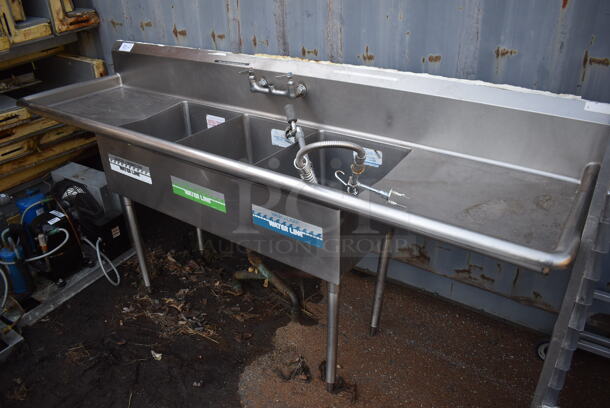 Stainless Steel Commercial 3 Bay Sink w/ Dual Drain Boards, Faucet, Handles and Spray Nozzle Attachment. 96x28x45. Bays 16x20x20