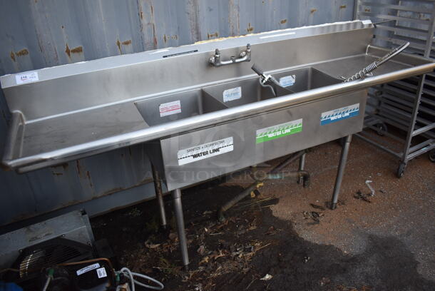 Stainless Steel Commercial 3 Bay Sink w/ Dual Drain Boards, Faucet, Handles and Spray Nozzle Attachment. 96x28x45. Bays 16x20x20 - Image 7 of 7