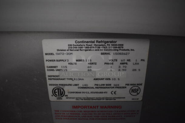 Continental SW72-30M Stainless Steel Commercial Prep Table on Commercial Casters. 115 Volts, 1 Phase. 72x34x38. Tested and Working! - Image 6 of 8