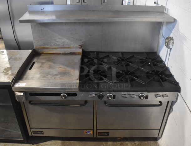 Southbend Select Stainless Steel Commercial Natural Gas Powered 6 Burner Range w/ Flat Top Griddle, Convection Oven, Oven, Over Shelf and Back Splash on Commercial Casters. 61x35x60