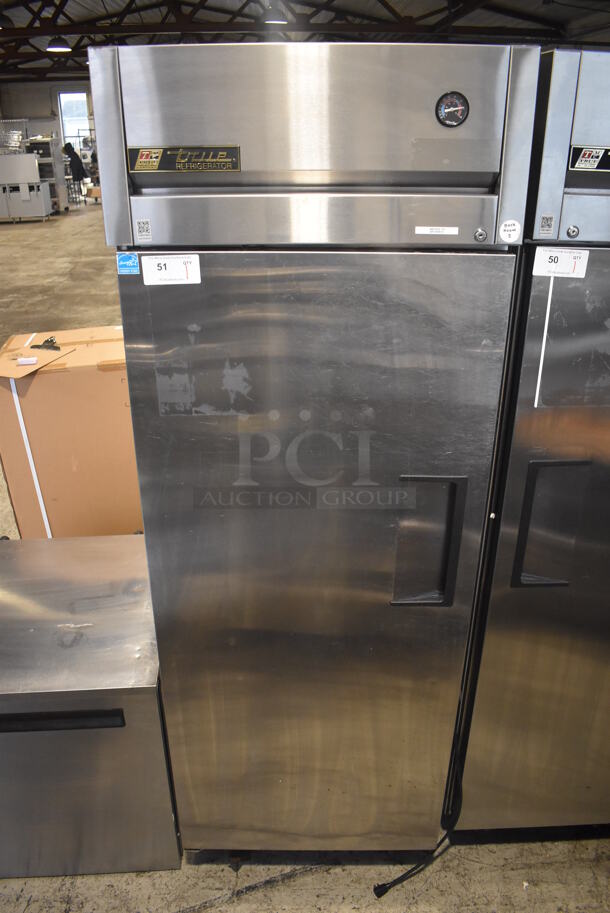 2012 True TG1R-1S ENERGY STAR Stainless Steel Commercial Single Door Reach In Cooler w/ Poly Coated Racks on Commercial Casters. 115 Volts, 1 Phase. 29x34x82. Tested and Working!