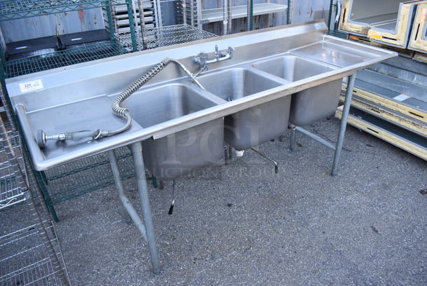 Stainless Steel Commercial 3 Bay Sink w/ Dual Drain Boards, Faucet, Handles and Spray Nozzle Attachment. 90x27x44. Bays 16x20x12. Drain Boards 16x24x1