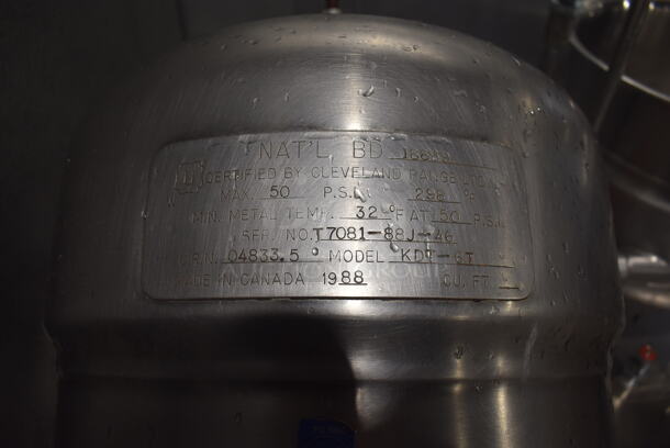 Cleveland Stainless Steel Commercial Pressurized Steam Powered Tilting Kettle Stand w/ 2 Cleveland KDT-6T Tilting Steam Kettles. 35.5x34x55 - Image 6 of 9