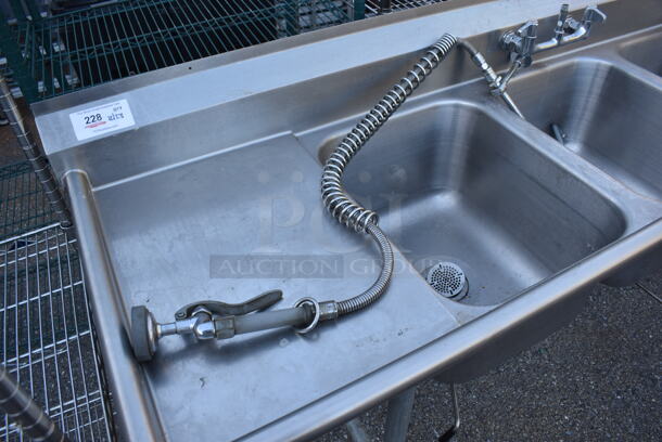 Stainless Steel Commercial 3 Bay Sink w/ Dual Drain Boards, Faucet, Handles and Spray Nozzle Attachment. 90x27x44. Bays 16x20x12. Drain Boards 16x24x1 - Image 2 of 5