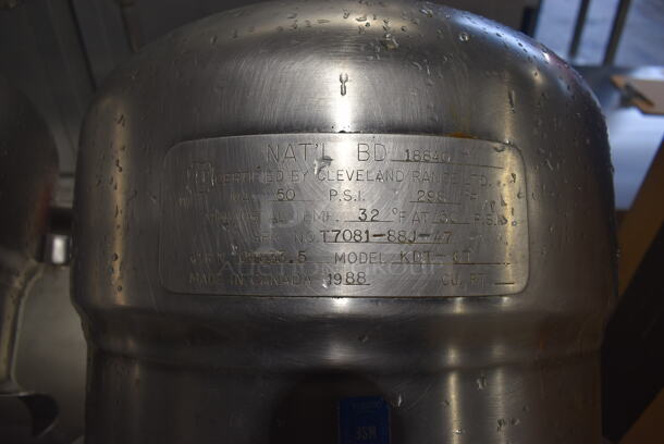 Cleveland Stainless Steel Commercial Pressurized Steam Powered Tilting Kettle Stand w/ 2 Cleveland KDT-6T Tilting Steam Kettles. 35.5x34x55 - Image 7 of 9