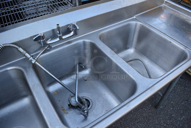 Stainless Steel Commercial 3 Bay Sink w/ Dual Drain Boards, Faucet, Handles and Spray Nozzle Attachment. 90x27x44. Bays 16x20x12. Drain Boards 16x24x1 - Image 3 of 5