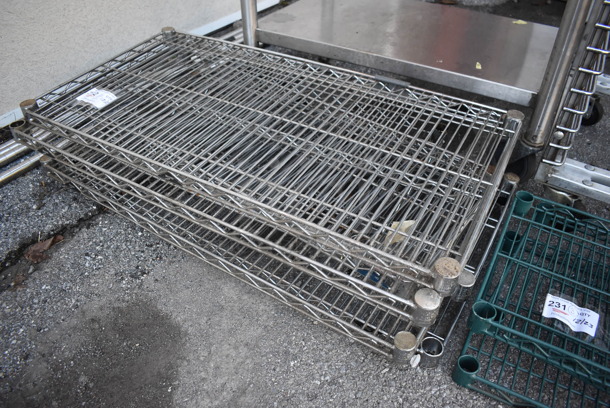 ALL ONE MONEY! Lot of 6 Chrome Finish Wire Shelves w/ 4 Chrome Finish Poles. 36x18x1.5, 36x14x1.5 - Image 1 of 5
