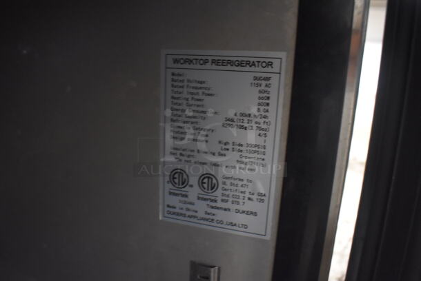 Dukers DUC48F Stainless Steel Commercial 2 Door Undercounter Freezer on Commercial Casters. 115 Volts, 1 Phase. 48.5x31.5x36. Tested and Working! - Image 6 of 7