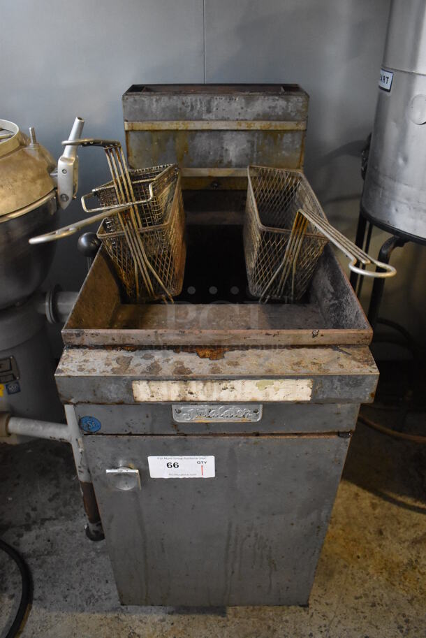 Pitco Frialator 14A Stainless Steel Commercial Floor Style Gas Powered Deep Fat Fryer w/ 2 Metal Fry Baskets. 27,500 BTU. 16x32x42