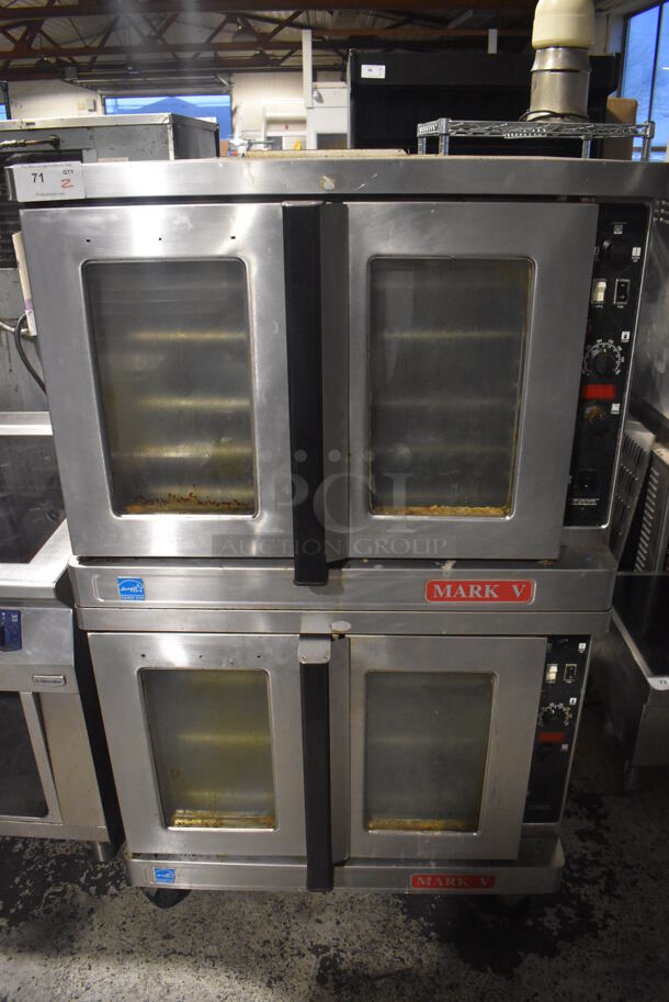 2 Blodgett Mark V ENERGY STAR Stainless Steel Commercial Electric Powered Full Size Convection Ovens w/ View Through Doors, Metal Oven Racks and Thermostatic Controls on Commercial Casters. 440 Volts, 3 Phase. 38x37x64. 2 Times Your Bid!
