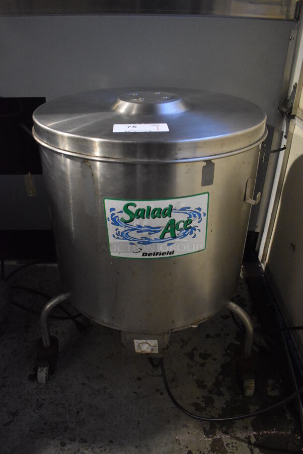 Delfield Stainless Steel Commercial Floor Style Electric Powered Lettuce Spinner Salad Spinner on Commercial Casters. 115 Volts, 1 Phase. 26x26x31. Tested and Working!