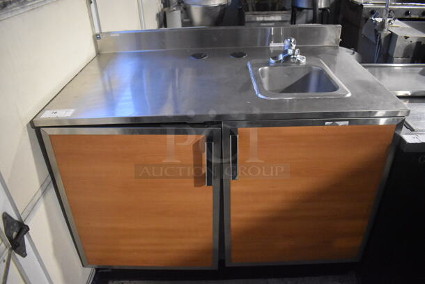 Duke Stainless Steel Commercial Countertop 2 Wood Pattern Door Counter w/ Sink Bay, Faucet and Back Splash. 48x30x41