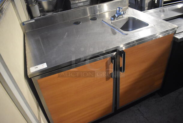 Duke Stainless Steel Commercial Countertop 2 Wood Pattern Door Counter w/ Sink Bay, Faucet and Back Splash. 48x30x41 - Image 4 of 7