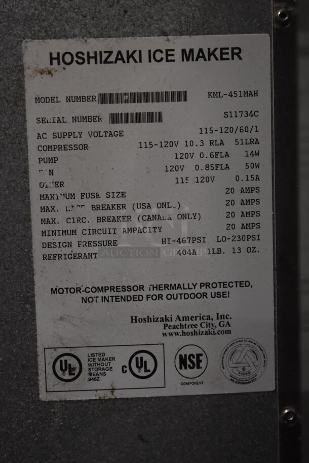 Hoshizaki KML-451MAH Stainless Steel Commercial Ice Head on Hoshizaki B-500PF Metal Commercial Ice Bin. 115-120 Volts, 1 Phase. 31x33x68.5 - Image 7 of 7