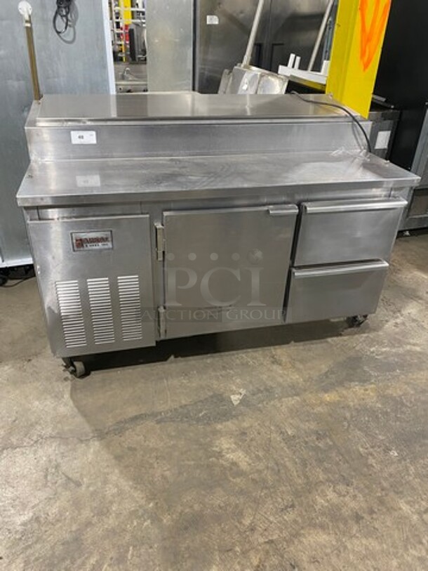 2010 Marsal Commercial Refrigerated Pizza Prep Table! With Single Door Storage Space! With 2 Drawers Underneath! All Stainless Steel! On Casters! Model: BM64 SN: 1319 115V 60Hz 1 Phase