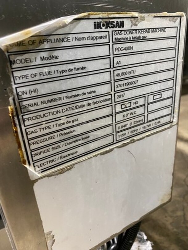 LATE MODEL! 2017 Inoksan Commercial Natural Gas Powered Kebab/ Gyro Machine! All Stainless Steel! Model: PDG400N SN: 37011908007 115V - Image 8 of 9