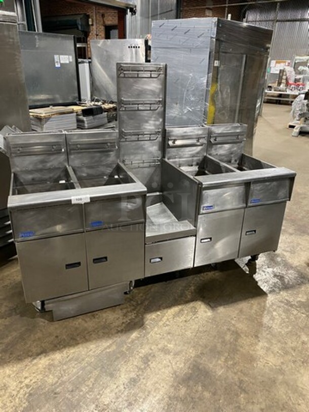 FAB! Pitco Frialator Commercial Natural Gas Powered 4 Bay Deep Fat Fryer! With Middle Fryer Basket Rack! With Oil Filter System! All Stainless Steel! On Casters! Model: SGH50 SN: G10HC034165
