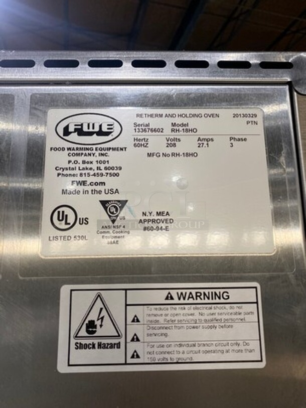 FWE Commercial Electric Powered Rethermalization/ Holding Cabinet! With Solid Split Doors! All Stainless! On Casters! Model: RH18HO SN: 133676602 60HZ 1 Phase - Image 5 of 8