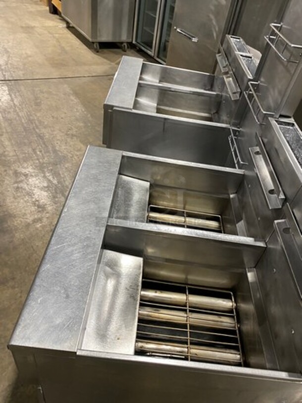 FAB! Pitco Frialator Commercial Natural Gas Powered 4 Bay Deep Fat Fryer! With Middle Fryer Basket Rack! With Oil Filter System! All Stainless Steel! On Casters! Model: SGH50 SN: G10HC034165 - Image 5 of 12