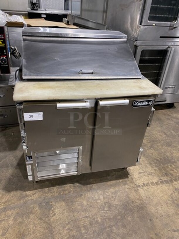 Leader Commercial Refrigerated Sandwich Prep Table! With 2 Door Underneath Storage Space! With Commercial Cutting Board! All Stainless Steel! On Casters! Model: LM36 SN: PU10M0051 115V 60HZ 1 Phase