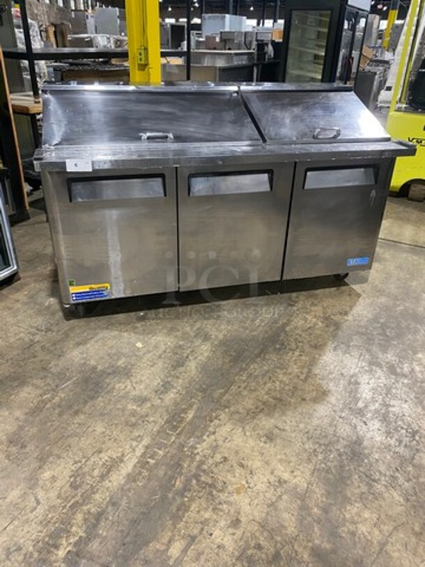 Turbo Air Commercial Refrigerated Sandwich Prep Table! With 3 Door Storage Space Underneath! Poly Coated Racks! All Stainless Steel! On Casters! Model: MST7230 SN: MM7T808001 115V 60HZ 1 Phase