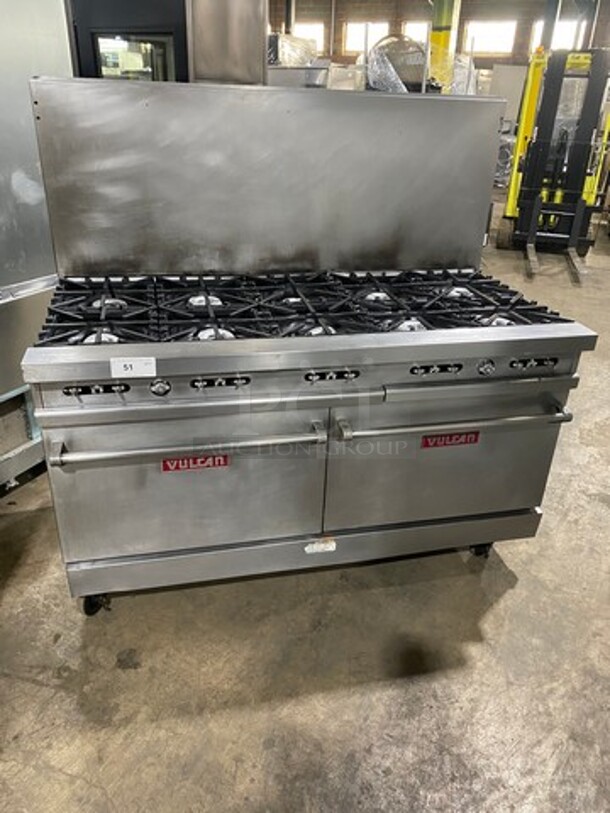 Vulcan Commerical Natural Gas Powered 10 Burner Stove! With Raised Back Splash! With 2 Oven Underneath! All Stainless Steel! On Casters!
