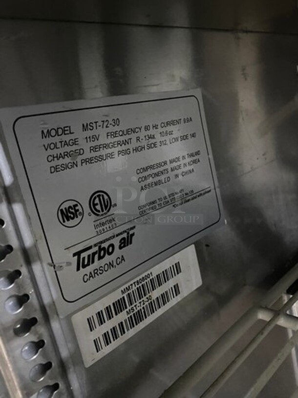 Turbo Air Commercial Refrigerated Sandwich Prep Table! With 3 Door Storage Space Underneath! Poly Coated Racks! All Stainless Steel! On Casters! Model: MST7230 SN: MM7T808001 115V 60HZ 1 Phase - Image 7 of 9