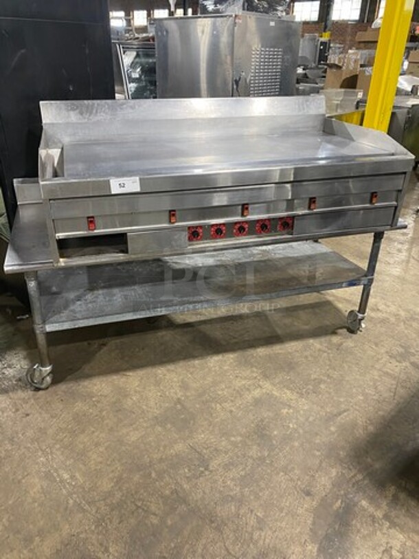 MagicK'tchn Commercial Countertop Electric Powered Flat Top Griddle! With Back And Side Splashes! On Equipment Stand! With Storage Space Underneath! All Stainless Steel! On Casters! 