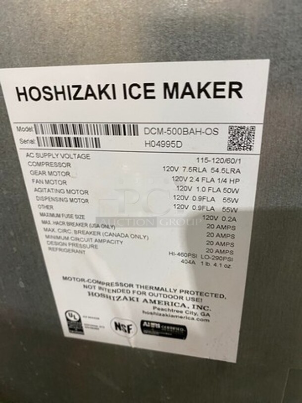 Hoshizaki Commercial Countertop Ice/Water Machine Dispenser Combo! All Stainless Steel! On Legs! Model: DCM500BAHOS SN: H04995D 115V 60HZ 1 Phase - Image 5 of 9