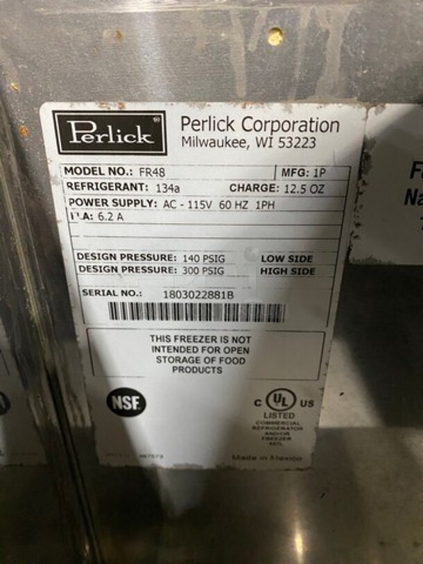 NICE! Perlick Commercial 2 Top Sliding Door Cooler! All Stainless Steel! On Casters! Model: FR48 SN: 1803022881B 115V 60HZ 1 Phase - Image 6 of 8