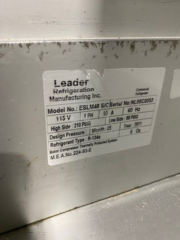 Leader Commercial Refrigerated Mega Top Sandwich Prep Table! With 2 Door Underneath Storage Space! All Stainless Steel! On Casters! Model: ESLM48SC SN: NL05C0052 115V 60HZ 1 Phase - Image 8 of 9