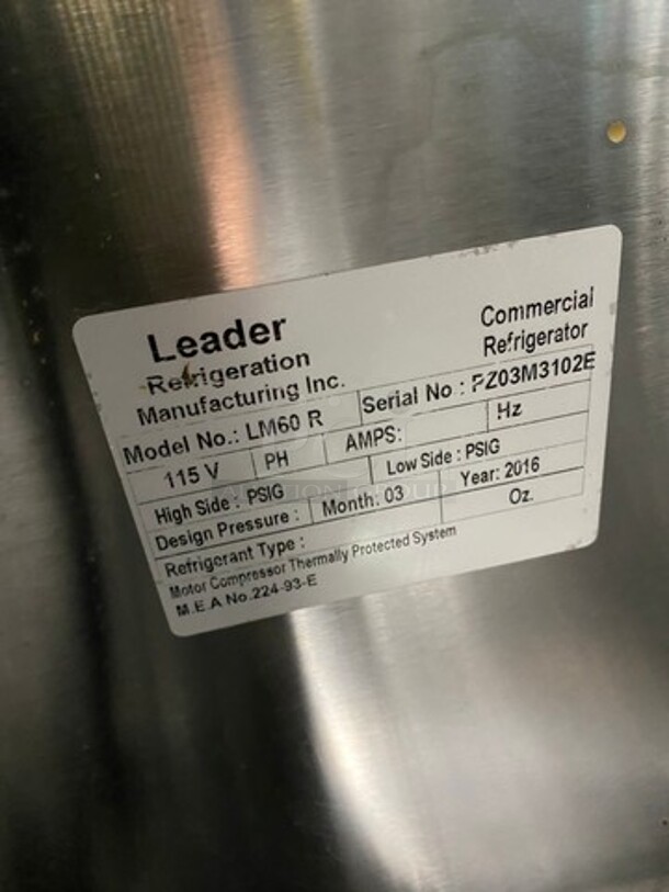 Leader Commercial Refrigerated Sandwich Prep Table! With Commercial Cutting Board! With Overhead Shelves! With 2 Sliding Door Storage Space Underneath! All Stainless Steel! On Casters! Model: LM60R SN: PZ03M3102E 115V 60HZ 1 Phase - Image 7 of 12