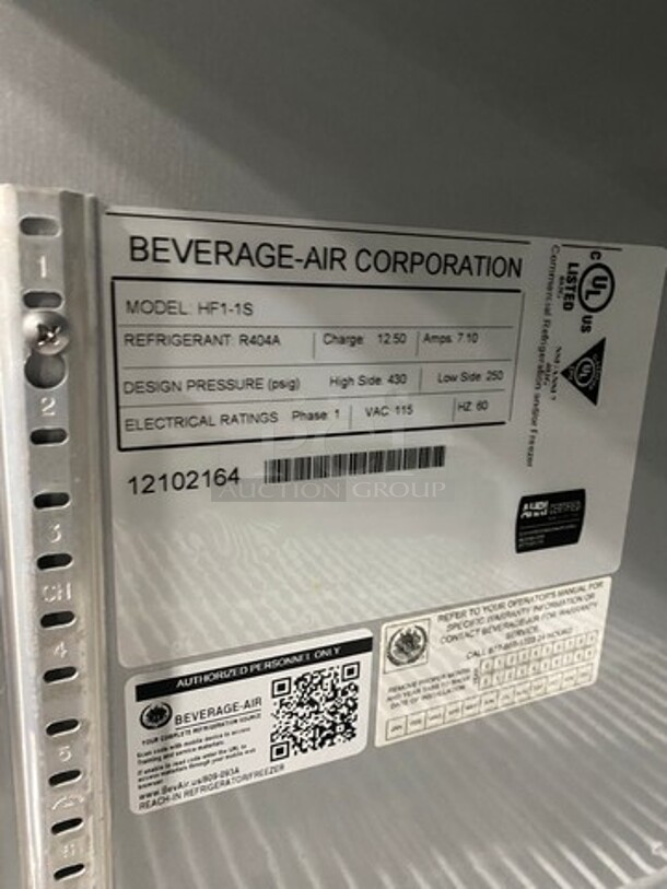 Beverage Air Commercial Single Door Reach In Freezer! With Poly Coated Racks! All Stainless Steel! On Casters! Model: HF11S SN: 12102164 115V 60HZ 1 Phase - Image 7 of 9