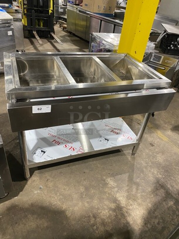 AMAZING! SCRATCH-N-DENT! Commercial Electric Powered 3 Well Steam Table! With Lowering Prep Line! With Storage Space Underneath! All Stainless Steel! On Legs! (Measurements Are With Prep Line Raised)