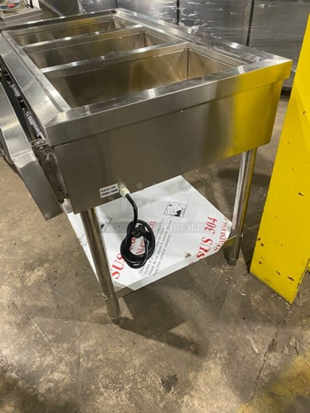 AMAZING! SCRATCH-N-DENT! Commercial Electric Powered 3 Well Steam Table! With Lowering Prep Line! With Storage Space Underneath! All Stainless Steel! On Legs! (Measurements Are With Prep Line Raised) - Image 2 of 11