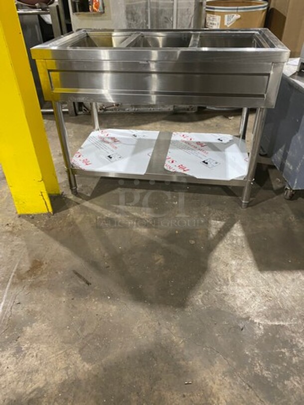 AMAZING! SCRATCH-N-DENT! Commercial Electric Powered 3 Well Steam Table! With Lowering Prep Line! With Storage Space Underneath! All Stainless Steel! On Legs! (Measurements Are With Prep Line Raised) - Image 3 of 11