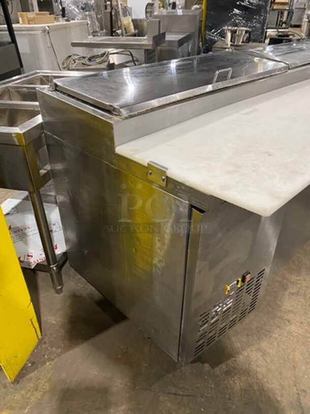 Commercial Refrigerated Pizza Prep Table! With Commercial Cutting Board! With 3 Door Storage Space Underneath! Poly Coated Racks! All Stainless Steel! On Casters! - Image 4 of 9