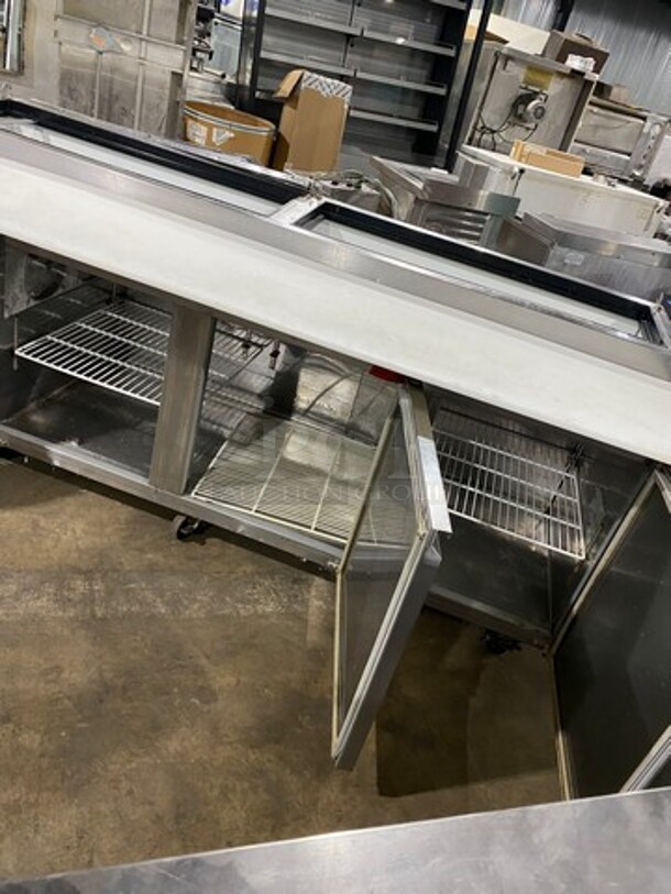 Commercial Refrigerated Pizza Prep Table! With Commercial Cutting Board! With 3 Door Storage Space Underneath! Poly Coated Racks! All Stainless Steel! On Casters! - Image 5 of 9